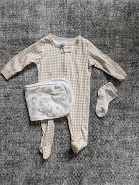 Gender Neutral Tan Baby Clothing and Burp Cloth Bundle